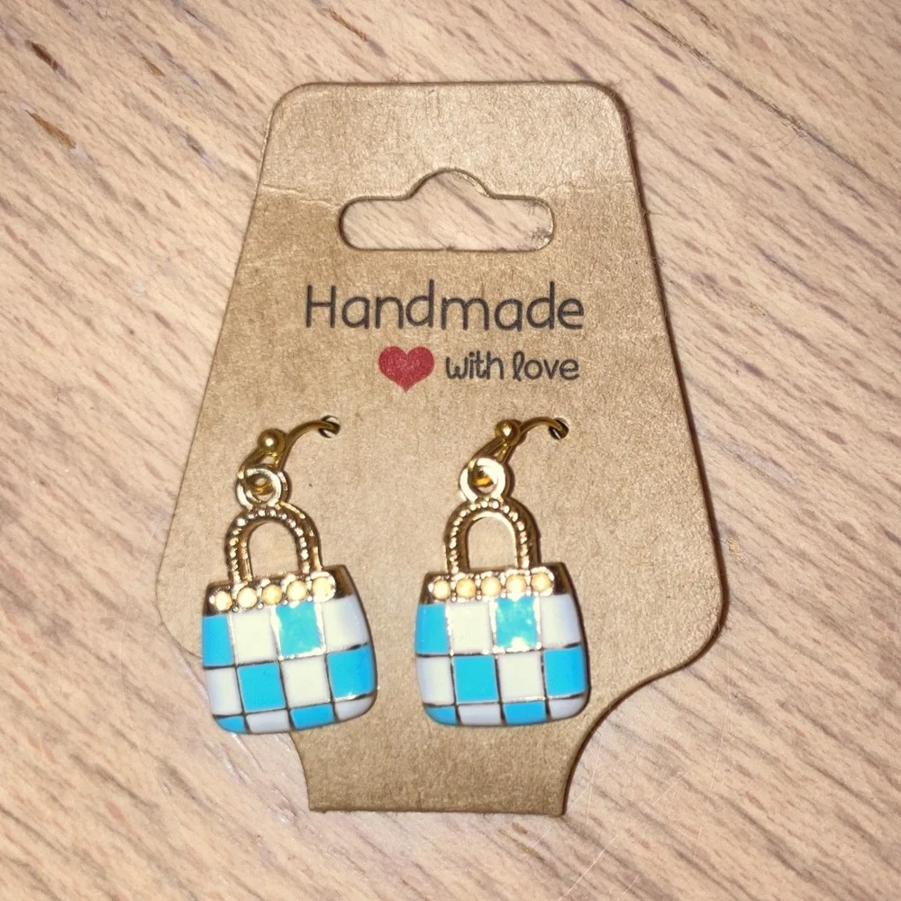 Dangling Purse Earrings Blue & Cream Checkered - NWT - Picture 1 of 2